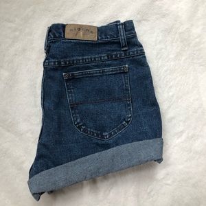 Dark wash rolled denim shorts